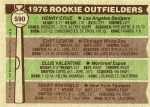 590 Ellis Valentine (76 Rookie Outfielders) (with Henry Cruz, Chet Lemon and Terry Whitefield) (Back)