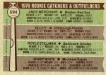 594 Jerry White (76 Rookie Catchers & Outfielders) (with Andy Merchant, Ed Ott and Royle Stillman) (Back)