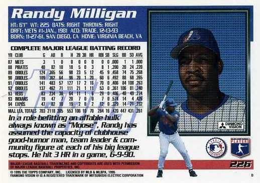 1995 Topps Baseball 226 Randy Milligan (Back)